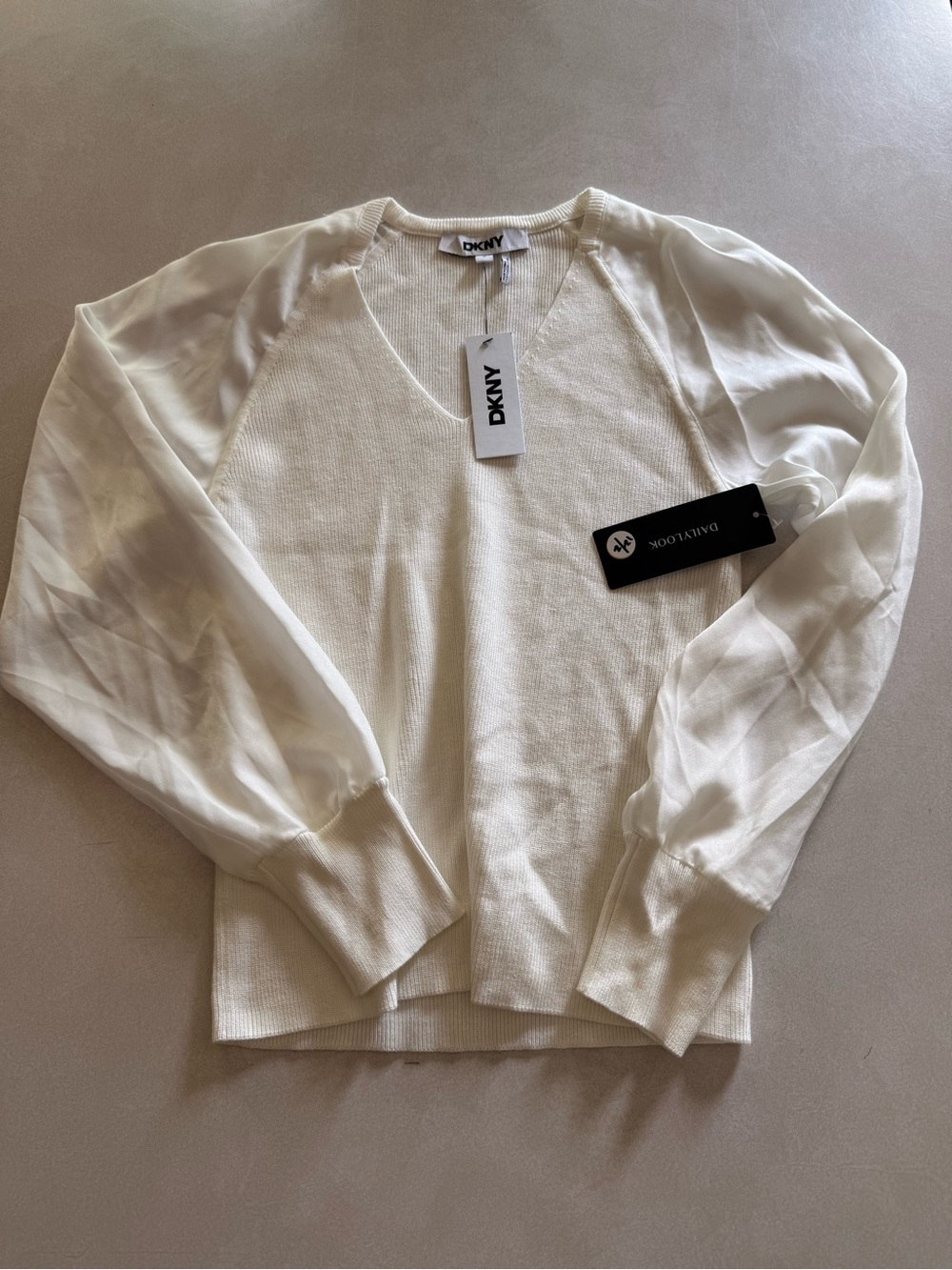 DKNY Off-White V-Neck Sweater with Sheer Sleeves